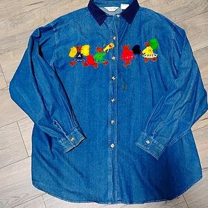 90's Embroidered Jean Shirt 22W Cheerleading Bears School Teacher ABCD Pom Poms